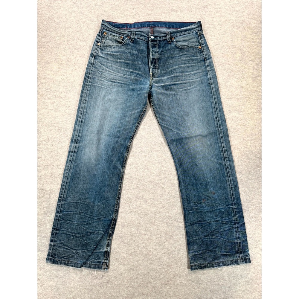 Levis 501 Jeans Mens 36x34 Blue Whisker Denim Mid Rise Dark Wash Straight Leg